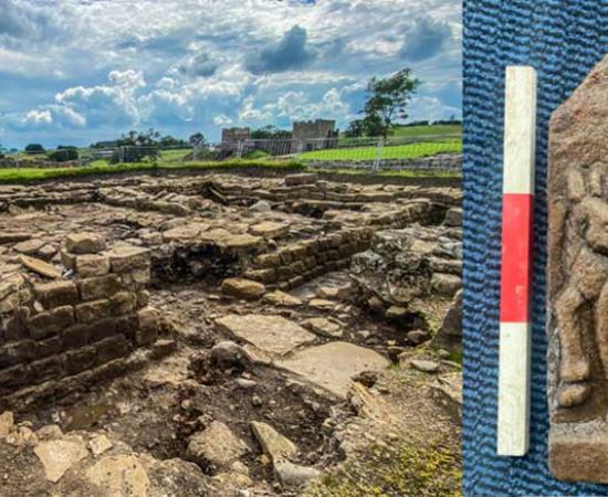 The latest Vindolanda find on the right is a remarkable and unusual sandstone relief that may depict a god, but this is still unclear. The landscape where the latest tablet was found is shown on the right.             Source: Vindolanda Trust