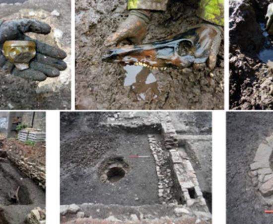 A selection of site features and artifacts found during the archaeological dig in Edinburgh, Scotland prior to a Virgin Hotel construction project