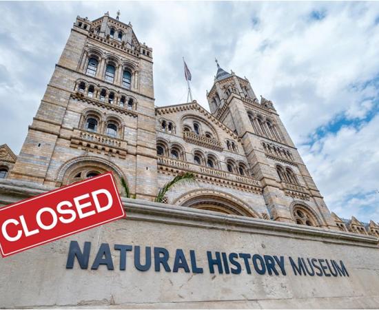 Amid coronavirus lockdowns and closures, you can spend your extra time in one of the virtual museums worldwide. (Main: Natural History Museum in London entrance. Inset: Closed sign.) Source: kmiragaya & Julistock / Adobe stock