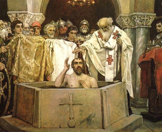 Vladimir the Great, known as Volodymyr in the Ukraine, or even Saint Vladimir, seen here during his baptism, has gone down in history as the leader which brought Christianity to the pagan Slavs. Source: Public domain