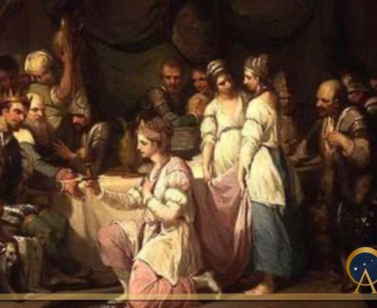 The First Meeting of Vortigern and Rowena/ Renwein painted by William Hamilton (Public Domain)