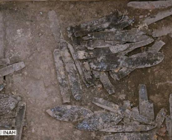 Votive offering of obsidian knives discovered at Tlatelolco site, Mexico City. 