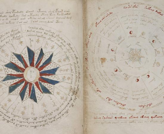 A page from the mysterious Voynich manuscript, which is undeciphered to this day. The image on the right indicates a 24-month cycle with the seasons listed and the image to the left indicates the moon-cycles and planetary positions.