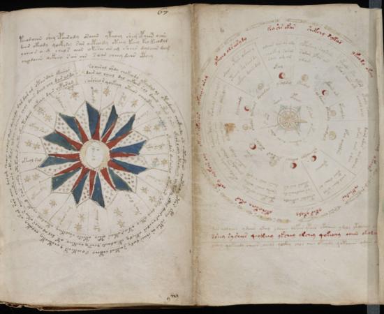 Voynich manuscript pages showing lunar cycles, seasons and planetary positions