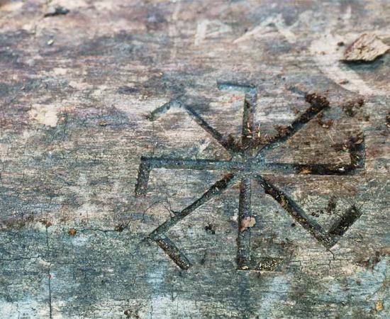 The symbol kolovrat engraved on a tree. Source: anji77702 / Adobe Stock.