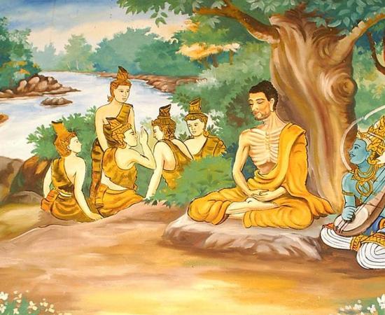 Wallpainting in a Laotian temple, depicting the Bodhisattva Gautama (Buddha-to-be) undertaking extreme ascetic practices before his enlightenment. A god is overseeing his striving, and providing some spiritual protection. The five monks in the background are his future 'five first disciples'.