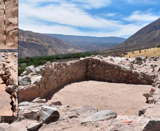 Excavation of d-shaped Wari temple at Pakaytambo, near Arequipa, Peru. Top insert:Pplastered interior wall. Bottom insert: Abandonment feature on structure floor.	Source: Reid, D. / Journal of Anthropological Archaeology
