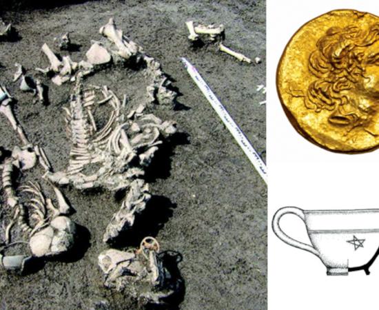 The warrior remains in situ at the Maeotian necropolis of Vinogradny, Russia. Inset, coin and jug with pentagram