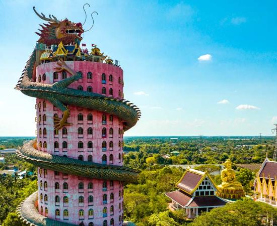 Aerial view of Wat Sam Phran the Dragon temple in Nakhon Pathom, Thailand. Source: pierrick / Adobe Stock.