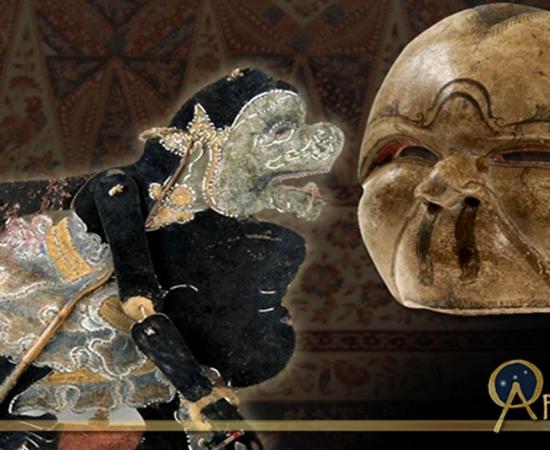 Deriv; Wayang kulit figure, representing Semar (CC BY-SA 3.0) and Mask of Semar for traditional Javanese theater performance (CC BY-SA 3.0), and sarong from Java, c. 1880.