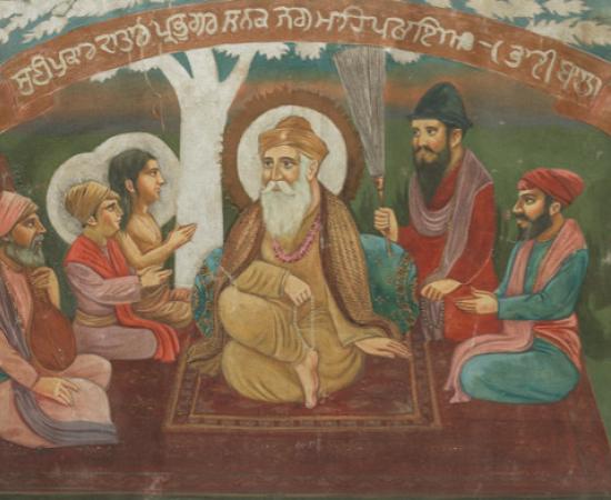 Painting of Guru Nanak seated beneath a tree with his two sons (Sri Chand and Lakhmi Das), Bhai Mardana, Bhai Bala, and possibly Bhai Lehna (future Guru Angad). 
