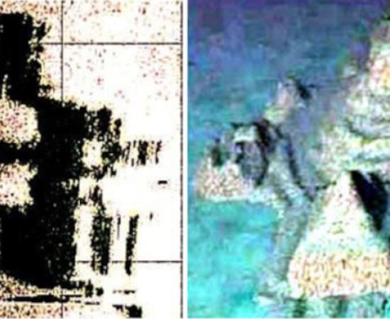 Left; the sonar images that started the furor. Right; Reconstructed image of what could be beneath the waves, based on the sonar scan of the sea floor off the coast of Cuba.