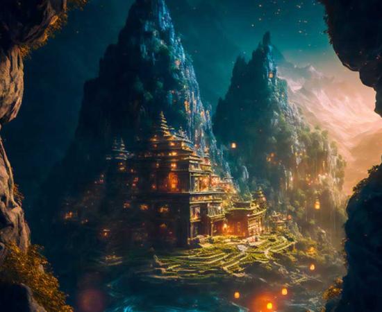 The mythical city of Shambhala, as generated by AI technology. Source: EwaStudio / Adobe Stock 
