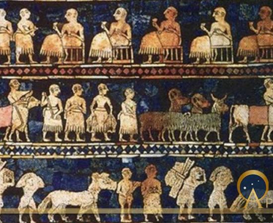 From the royal tombs of Ur, the Standard of Ur mosaic, made of lapis lazuli and shell, shows peacetime. (Public Domain)