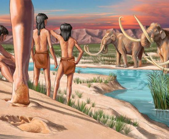 Artists impression of the scene at White Sands National Park 23,000 years ago when teenagers left their prints in the mud. Source: © Davide Bonadonna and Bournemouth University