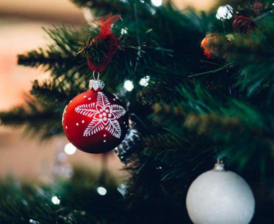 Detail of decorations on a Christmas tree.