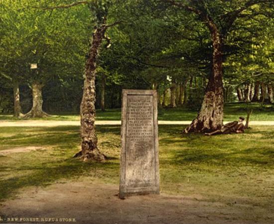 The Rufus Stone in the New Forest, England, from sometime between 1890 and 1900. (Public Domain)