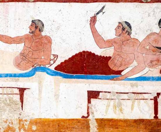 Three Greek youths wonder where the wine has gone. Paestum, 470 BC. Source: BlackMac / Adobe Stock.