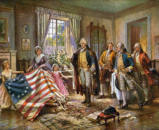 A typical portrayal of women in America society after the Revolution: Betsy Ross and two children presenting the "Betsy Ross flag" to George Washington and three other men. Source: Edward Percy Moran / Public domain