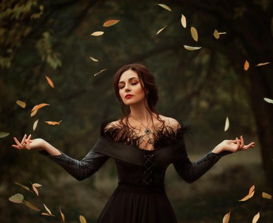  Women shaman of Ireland in trance - magic rotates the leaves.