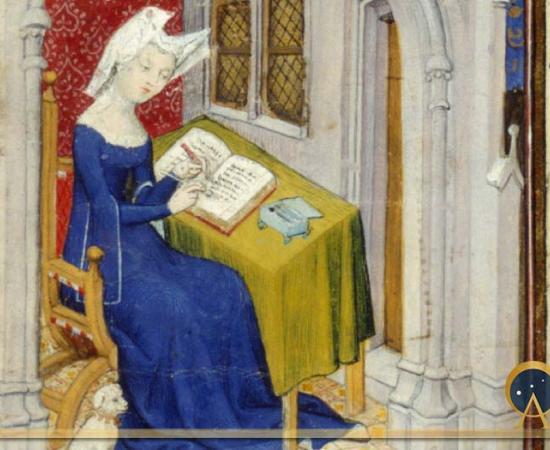 An illustration of Christine de Pizan writing in her study, from The Book of the Queen (Harley MS 4431, f. 4r) (Image source: The British Library/ Public Domain)