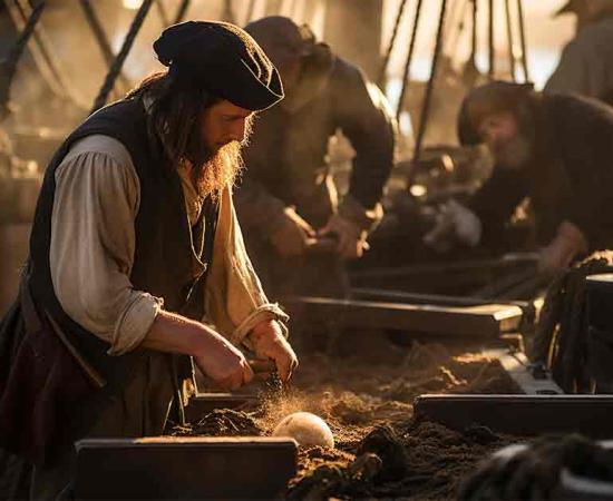 Pirate crew members diligently swab the deck, maintaining the condition of their ship while sailing across the ocean. Source: Davivd/Adobe Stock