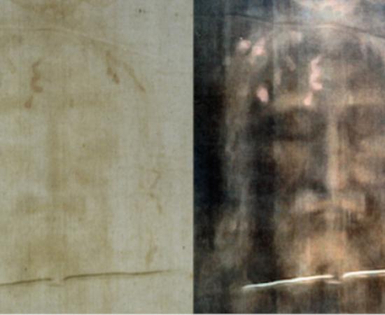 The Shroud of Turin: modern, digitally processed image of the face on the cloth. 