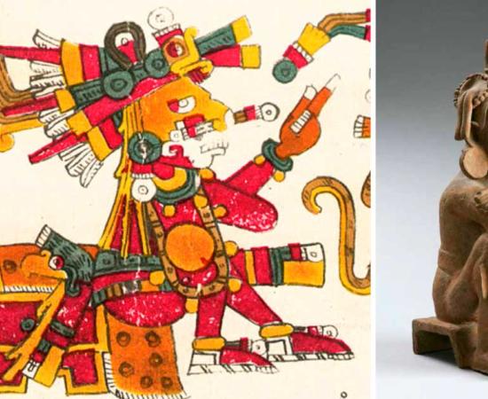 Left; Aztec god Xochipilli as described in the 16th century Codex Borgia, Right; Xochipilli, Aztec terracotta Lombards Museum. Source: Left; Public Domain Right; CC BY 3.0