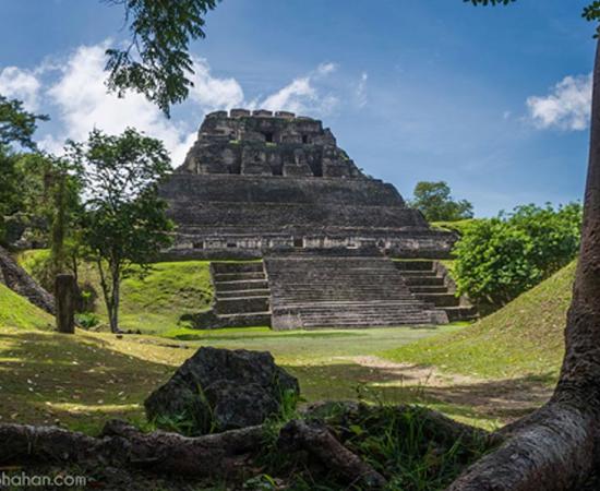 A view across the main plaza of Xunantunich to El Castillo