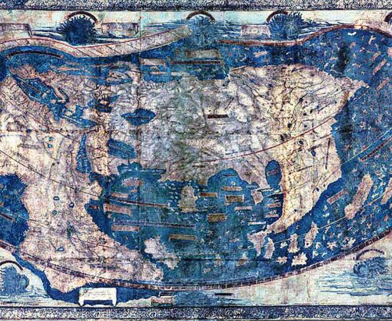 The Yale world map of "Henricus Martellus Germanus" (Heinrich Hammer). It is the most detailed "Dragon Tail" map by Martellus. It is the only one with a coordinate grid. 