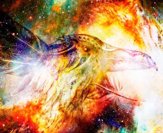 Odin and his brothers defeated Ymir in Norse mythology, and used his body to create Midgard. Odin’s symbol, a raven, seen superimposed on a cosmic background.	Source: jozefklopacka / Adobe Stock