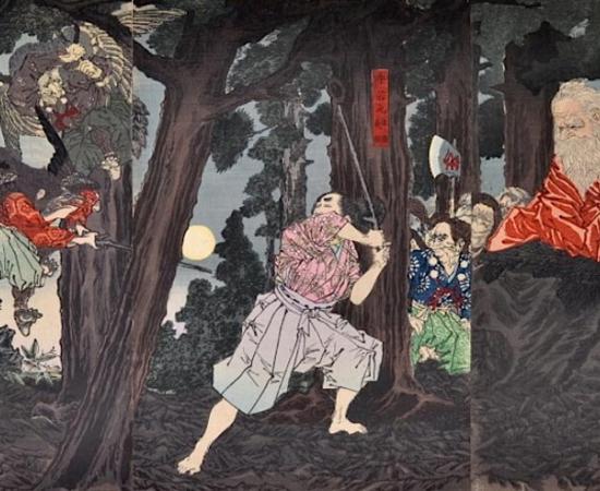 Yoshitoshi, Ushiwaka Maru learns Martial Arts from Sojobo, King of the Tengu, 1880
