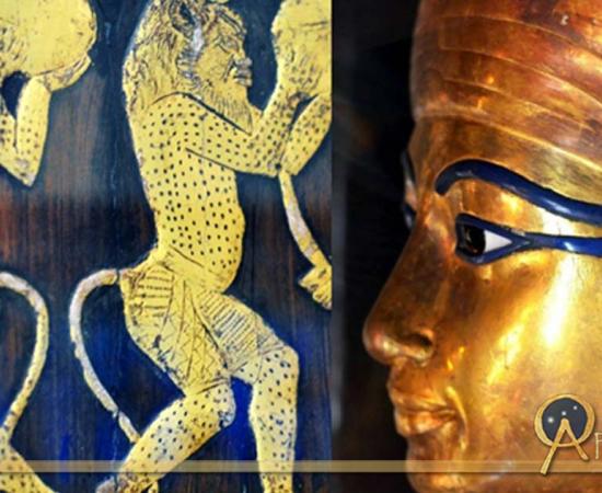 Dancing Bes figures on the left outer arm of the Sitamun's chair; and detail of the face mask of one of the coffins of Yuya; design by Anand Balaji