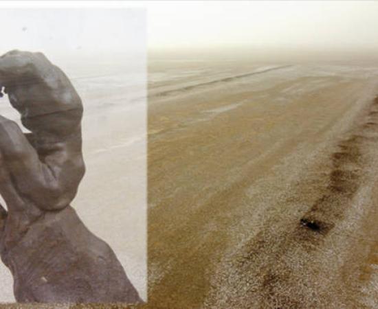 Part of massive agricultural system in Iraq. Overlay,  Zanj Rebellion sculpture by Ahmad Barakizadeh (2005)