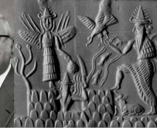 Photo of Zecharia Sitchin (left)(CC0)Akkadian cylinder seal dating to circa 2300 BC depicting the deities Inanna, Utu, and Enki, three members of the Anunnaki.(right)