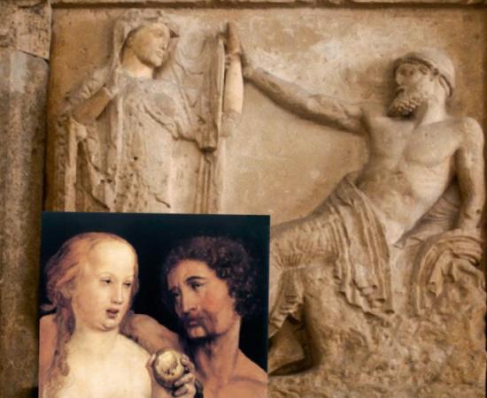 A seated Zeus reaches out for the hand of Hera on the temple of Hera at Selinus, c. 530 BC. Inset: Adam and Eve, oil and paper, Hans Holbein the Younger, 1517. (Public Domain)