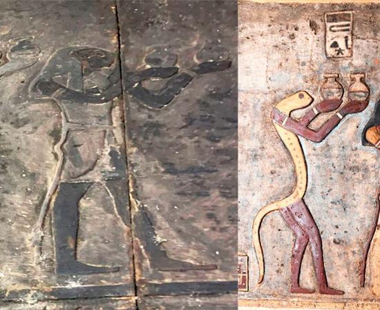Representation of decans, zodiac signs used to measure the twelve hours of the night, on the ceiling of the Temple of Esna. On the left pre-restoration and on the right post-restoration. Source: Ahmed Emam / Ministry of Tourism and Antiquities