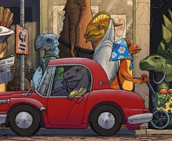 Comic illustration of previous industrial civilizations on Earth. 