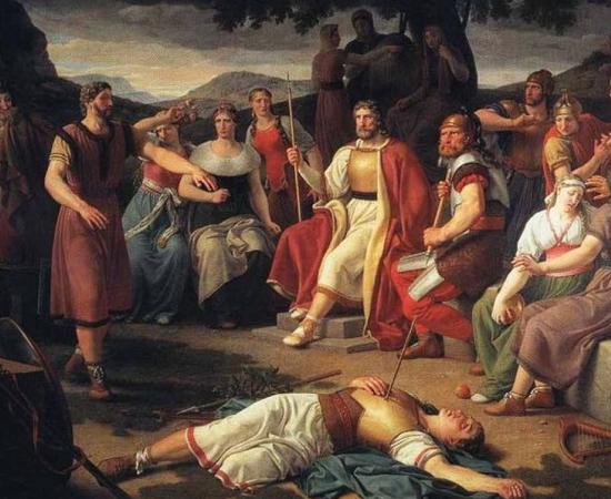 Æsir gathered around the body of Baldr. Painting by Christoffer Wilhelm Eckersberg 1817