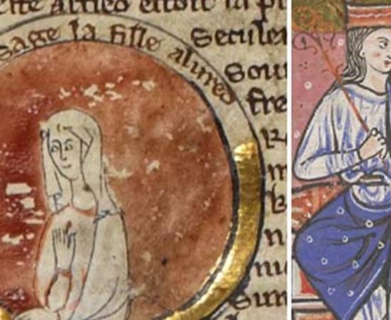 Medieval miniature of Æthelflæd in genealogical roll of the kings of England 13th century.(Public Domain)/ Æthelflæd as depicted in the cartulary of Abingdon Abbey 