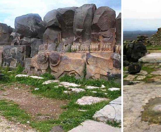 Reconstructed wall of Ain Dara Temple with cherubim relief in lower panel. Right, Giant or godly footprints at the gate. 	Source: Odilia/CC BY-SA 3.0, Right; homocosmicos/Adobe Stock