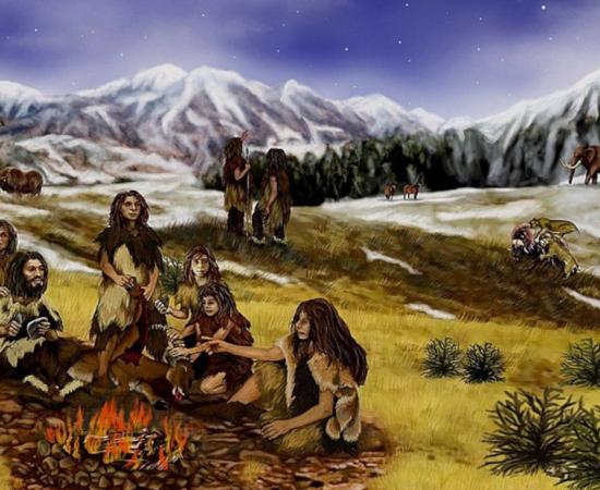 Group of ancient hominins occupying a prehistoric landscape.