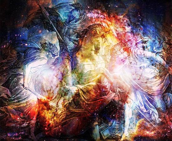 Stories of wizard and demon battles have been found in ancient Christian texts. Ere, Helidor fights on a horse in collage from engraving of Nazareene School, published in The Holy Bible, St.Vojtech Publishing, Trnava, Slovakia, 1937. 	Source: fluenta