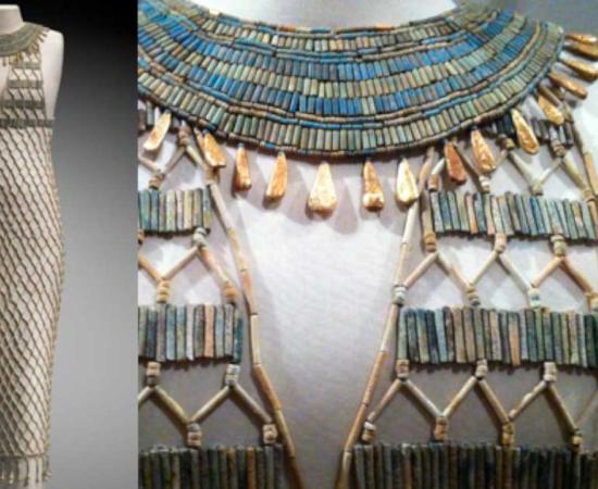 Main: Earliest surviving beadnet dress with the lozenge pattern (CC by SA 3.0). Inset: A bead-net dress. Photo source: Museum of Fine Arts, Boston.