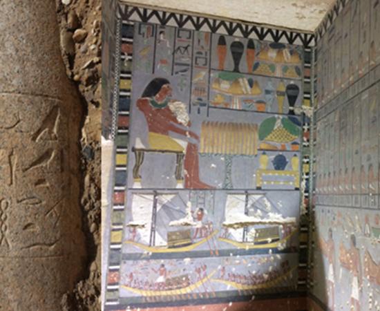 Left: The inscription on the column lists the titles of Djedkare’s wife, queen Setibhor. (Hana Vymazalová) Right: North and east walls of the decorated antechamber of the ancient Egyptian nobleman’s tomb.