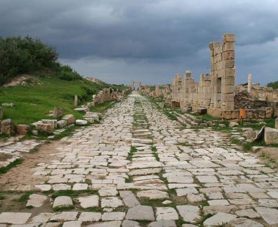 An ancient Roman road at Leptis Magna, Libya