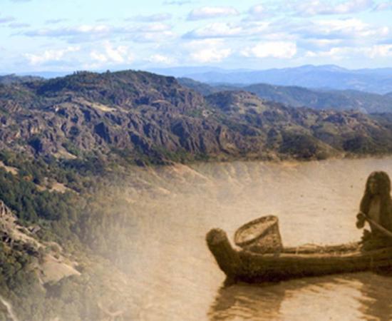 Deriv; Dramatic view from Mount Saint Helena, California (CC BY-SA 4.0), and photo of a Pomo native in a tule boat, circa 1924.