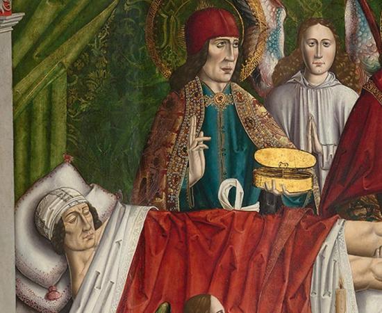 Detail of “A verger's dream: Saints Cosmas and Damian performing a miraculous cure by transplantation of a leg.’ Master of Los Balbases, ca. 1495. Source: Public Domain