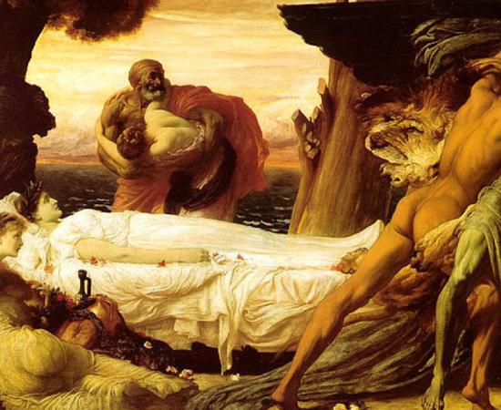 ‘Hercules Fighting Death to Save Alcestis’ (1869-1871) by Frederic Leighton, 1st Baron Leighton. Many ancient death rituals seem very odd or macabre to modern minds.
