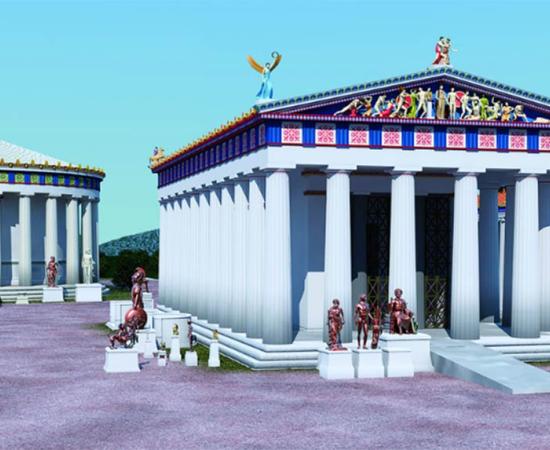 Reconstruction of the 4th century BC Temple of Asklepios at Epidauros (right) showing the ramp	Source: © 2019 J. Goodinson, scientific advisor, J Svolos. Antiquity Publishers Ltd